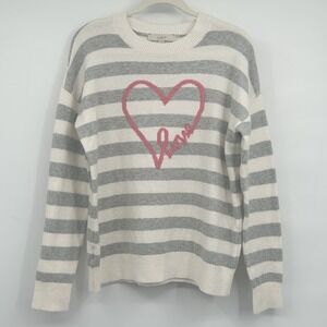Loft Womens Grey White Striped Pink Heart Love Graphic Pullover Sweater Size M